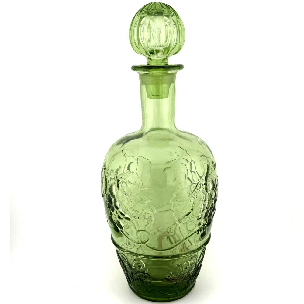 VTG MCM Green Glass Wine Decanter Embossed Grapes Vines Leaves and Stopper
